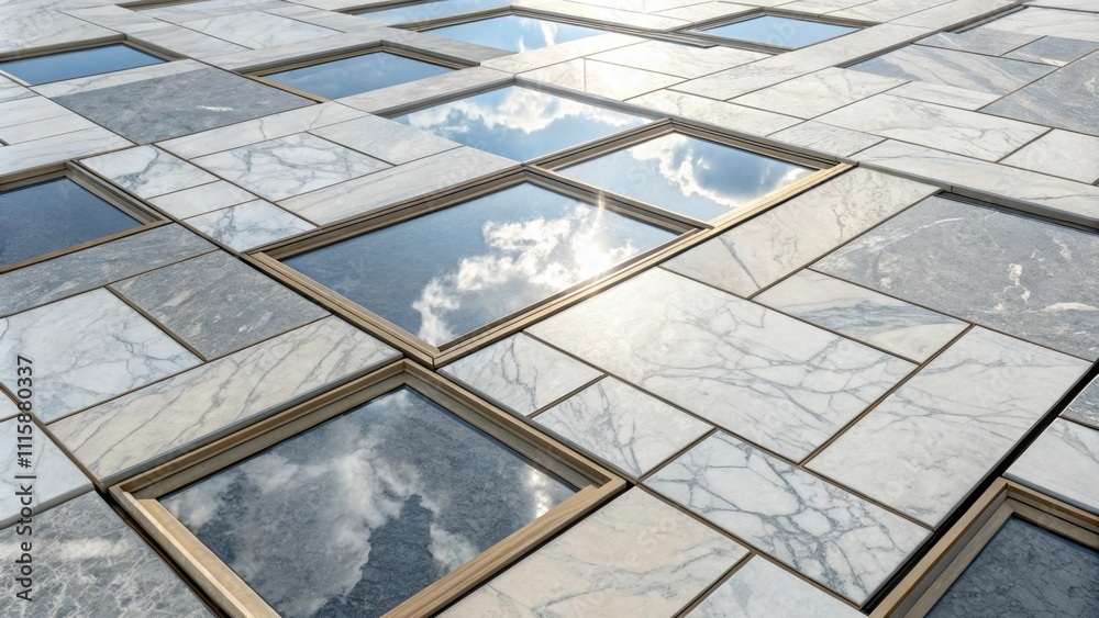 Poster an overhead shot of a carefully arranged stack of marble tiles with varying sizes their polished edg