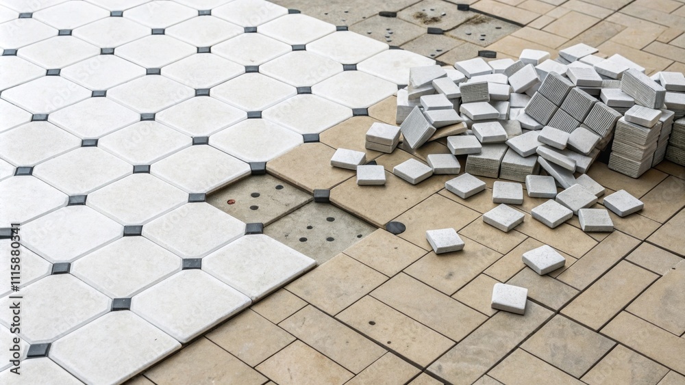Poster An overhead perspective of a tiled floor where an unorganized stack of white and gray tile spacers contrasts sharply against the unfinished surface.