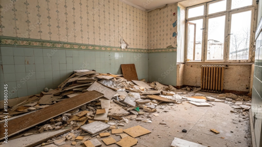 Poster an overflowing pile of renovation debris including partially torn wallpaper leftover tile pieces and