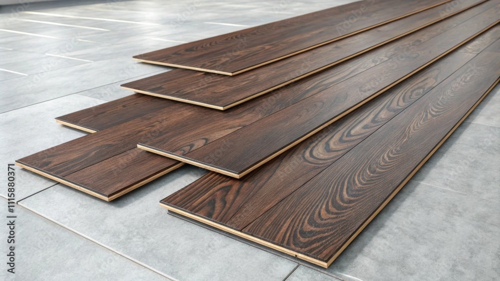 Aufkleber An organized array of dark walnut laminate planks resting on a clean light gray concrete floor each board displaying intricate grain patterns and a subtle sheen.