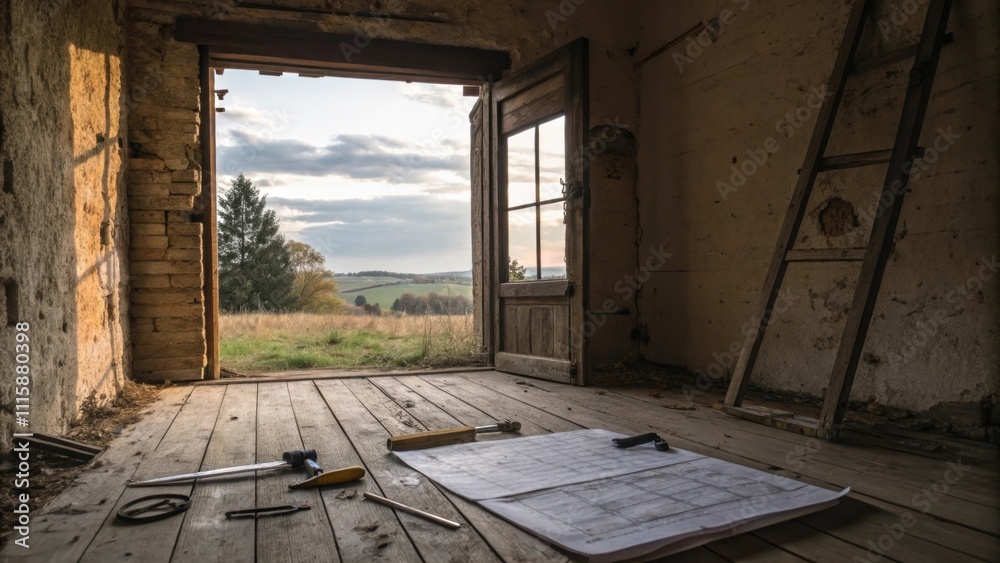 Poster An open wall space leading to the outside the rough window opening serving as a portal with tools and a blueprint left behind on the wooden floorboards.