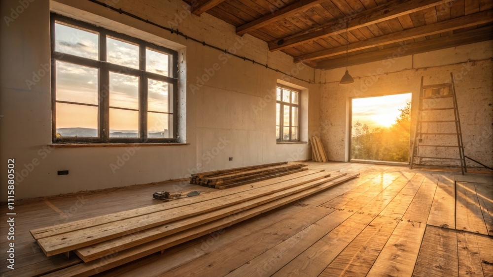 Poster An openconcept space featuring a halffinished section with wood planks laid out adjacent to a wall where a single window allows in diffused golden afternoon light.