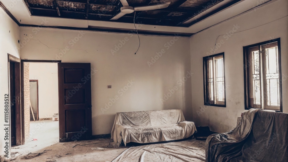 Poster an openconcept living area with exposed electrical outlets a stark ceiling fixture and dust settling