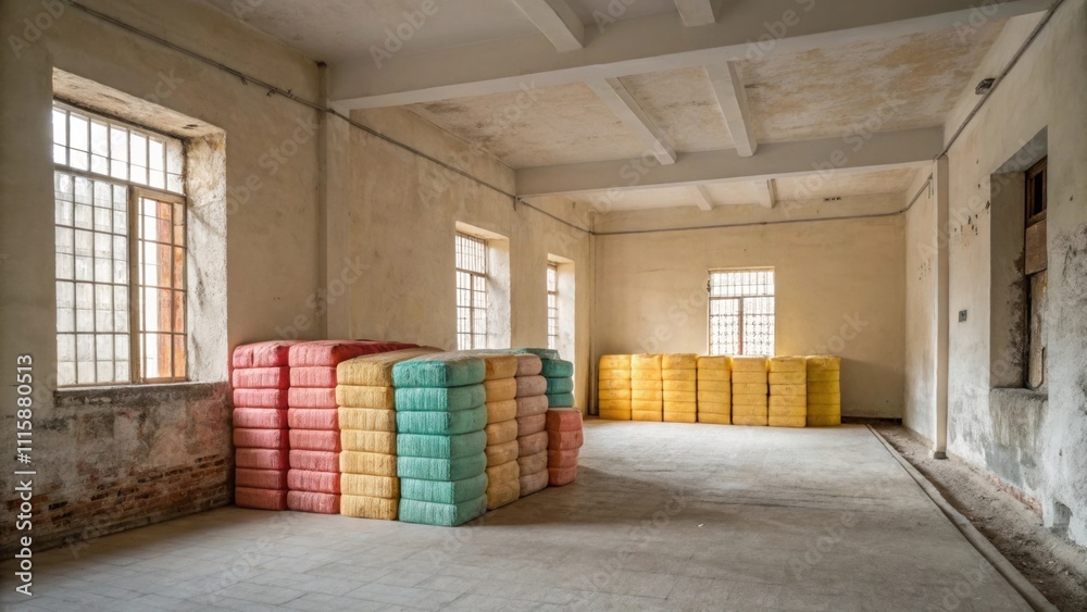Poster An open blank canvas of a room with minimal decor where neatly stacked insulation packages provide a splash of color and texture amidst the emptiness.