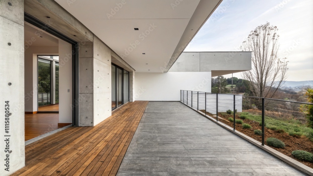 Poster An open balcony space showcases a clean grey concrete patch newly set contrasting with the rustic wooden floorboards and the stark white exterior walls.