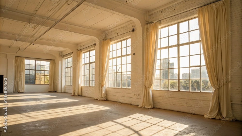 Aufkleber an open area with creamcolored walls and oversized windows allowing sunlight to flood the room with 