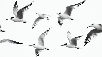 Fototapeta premium A black and white photo of a flock of birds flying in the sky.