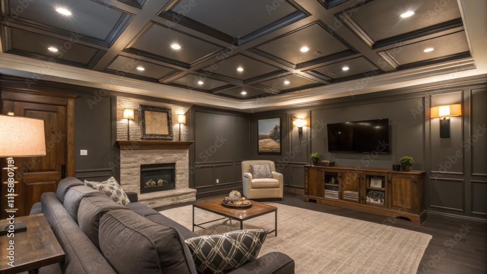 Poster An inviting family room with a charcoal ceiling reveals newly incorporated rectangular ventilation ducts accented by ambient lighting that sets a warm mood.