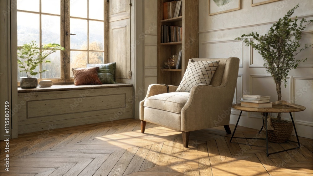 Poster An intimate nook with a comfortable chair atop a halffinished parquet floor creating a rustic yet contemporary atmosphere filled with potential.