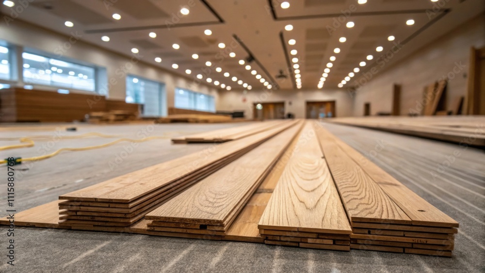 Aufkleber An intimate view of the flooring preparation showcasing a neatly organized array of wood planks illuminated softly by the glow of ambient ceiling lights.