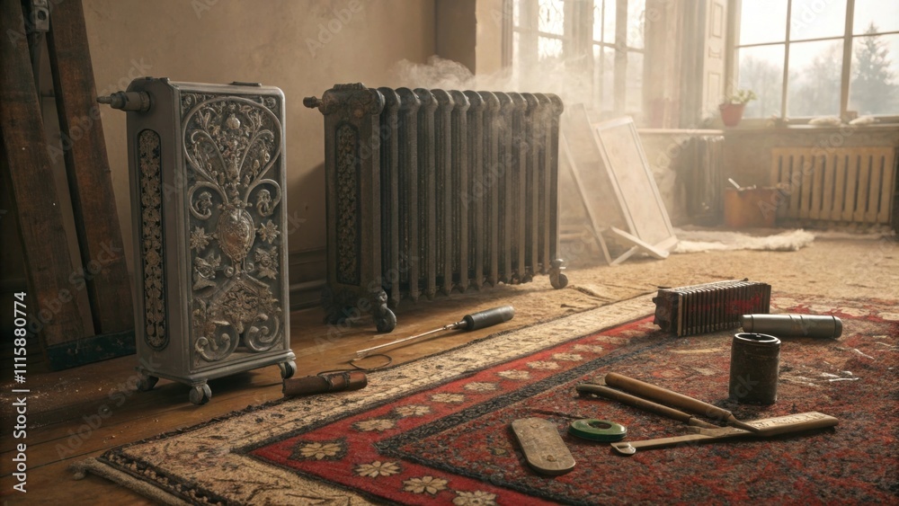 Leinwandbilder an intricate collection of radiator sections rests on a vintage rug surrounded by tered tools and a 