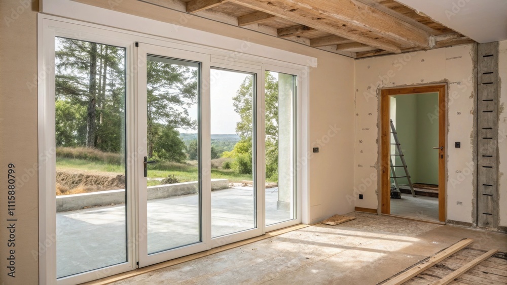 Aufkleber An interior view emphasizing the contrasting surfaces of the partially installed sliding glass door with a smooth frame set against rough plaster and unfinished trim.