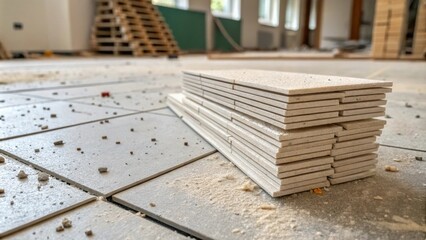 Obraz premium An intriguing perspective of a tile spacer stack leaning at an angle on an unfinished floor surrounded by tiny flecks of debris and dust portraying the essence of an ongoing