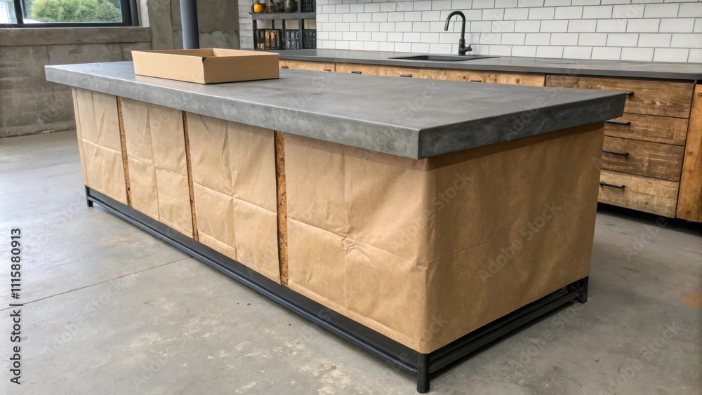 Poster an industrialstyle concrete countertop stands matte and bold shielded by a brown paper covering unde