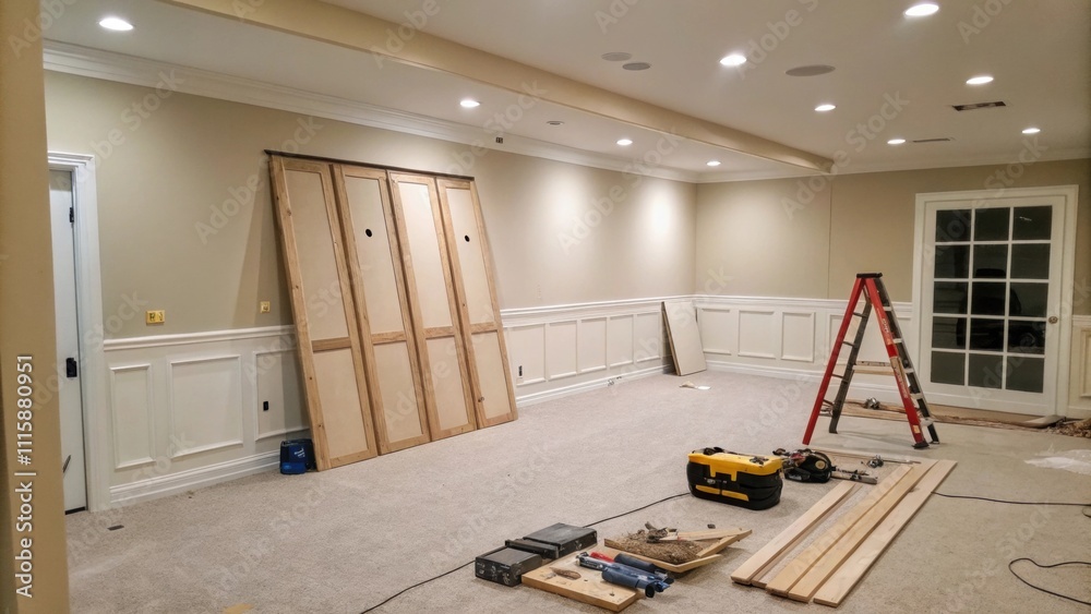 Aufkleber an image of an empty living room corner highlighting a partially completed panel installation with s