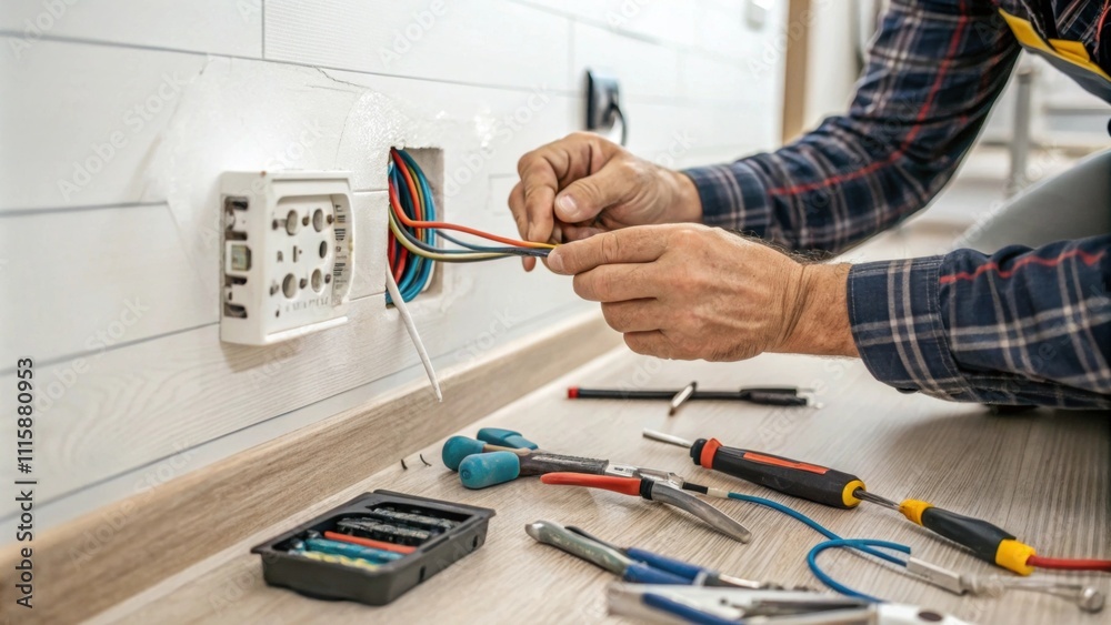 Poster an image depicting an electricians hands at work carefully connecting wires to an outlet in the corn