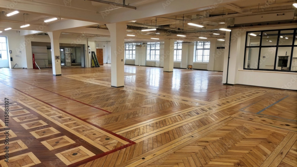 Poster An expansive openconcept area displaying intervals of parquet flooring mixed with exposed underlayment offering a glimpse into the artistic possibilities of the upcoming finish.