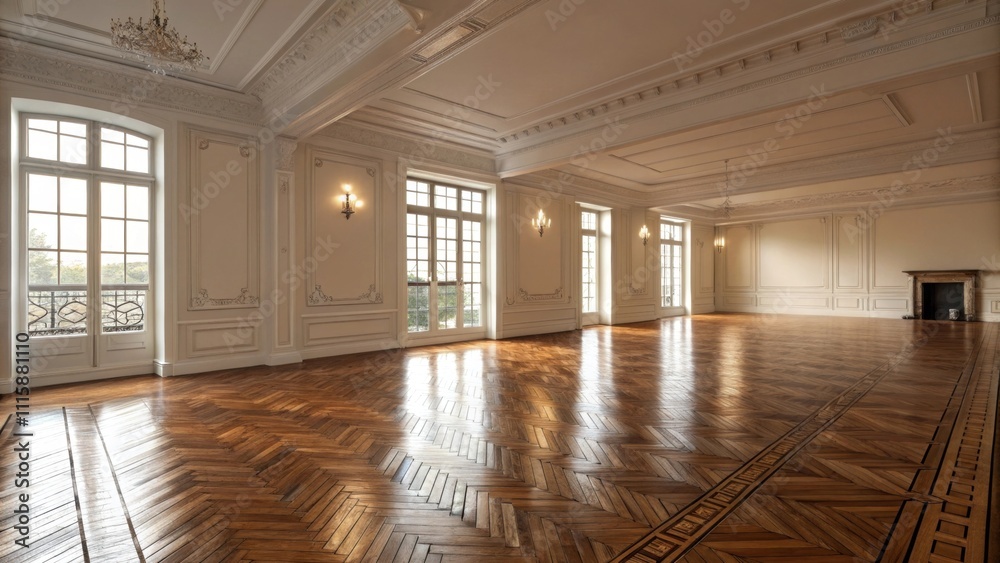 Poster An expansive empty room where the intricate grain of the freshly polished wooden floor is the focal point with soft light creating a radiant glow across the surface.