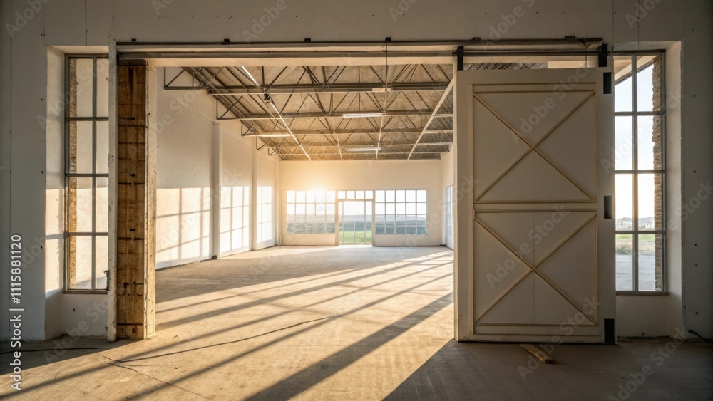 Aufkleber A newly constructed doorway with temporary bracing revealing a view of a spacious empty room beyond highlighted by beams of sunlight casting shadows on the floor.