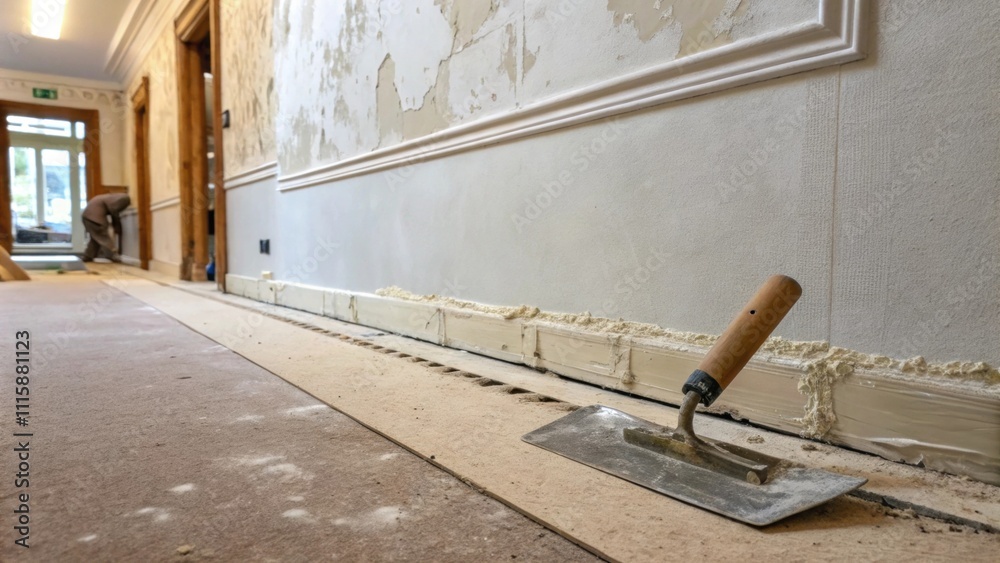 Poster a newly plastered wall offers a blank canvas with a trowel p delicately on the floor reflecting the 