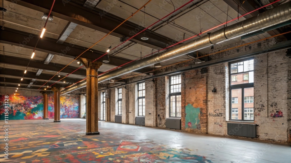 Poster An expansive loft space with high ceilings and an artistic clash of exposed copper piping rugged walls and a colorful mosaic of leftover paint splatters.