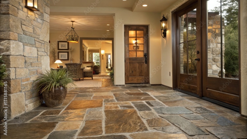 Aufkleber an entryway features rustic slate tiles with a natural finish leading into the home with a sense of 