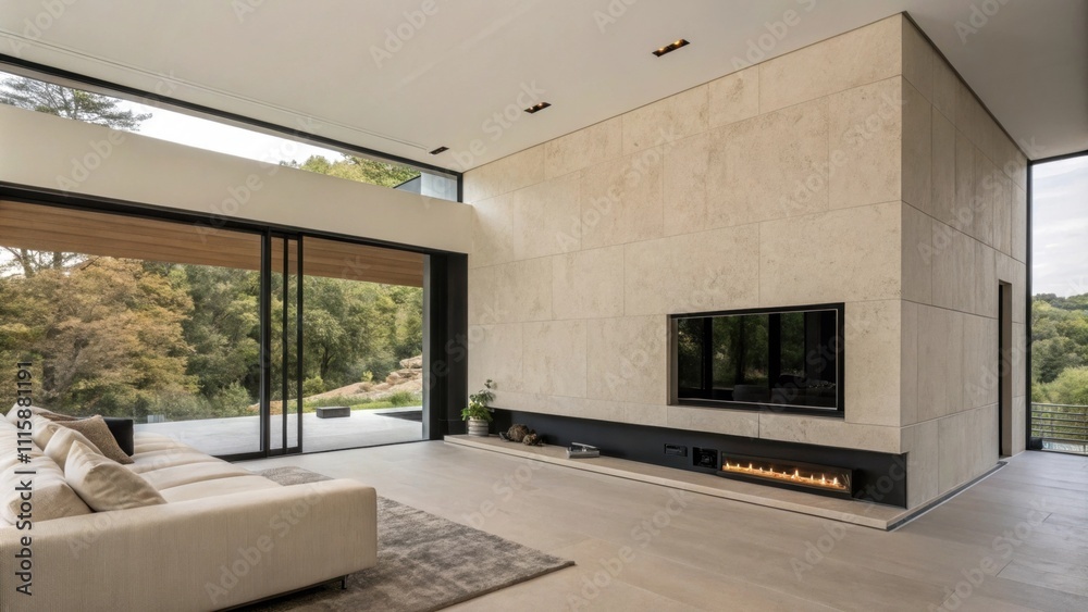 Poster An expansive beige wall devoid of any artwork or furnishings marked by a rectangular section that has been repainted black denoting the future home of a dramatic linear fireplace.