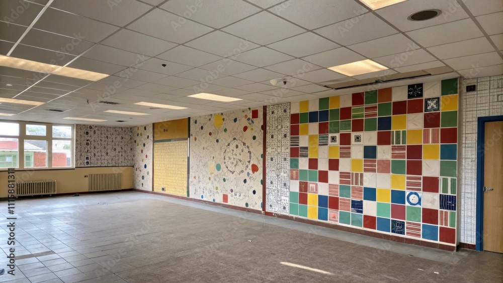 Poster an empty room with a main wall coated in robust adhesive surrounded by tered tiles of various sizes 