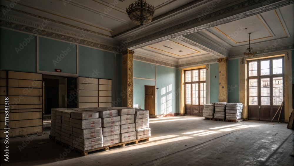 Poster An empty room with dim lighting where several stacks of insulated packages create a contrast against the faintly painted walls suggesting renovation work ahead.
