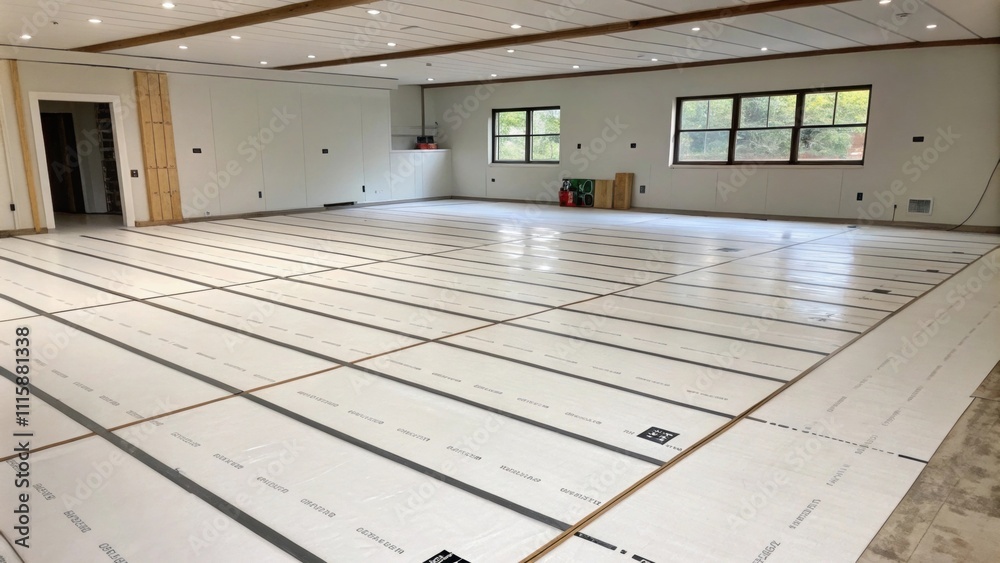 Poster An empty room showcasing a freshly laid subfloor featuring clean lines and a pristine surface ready for the installation of stylish flooring.