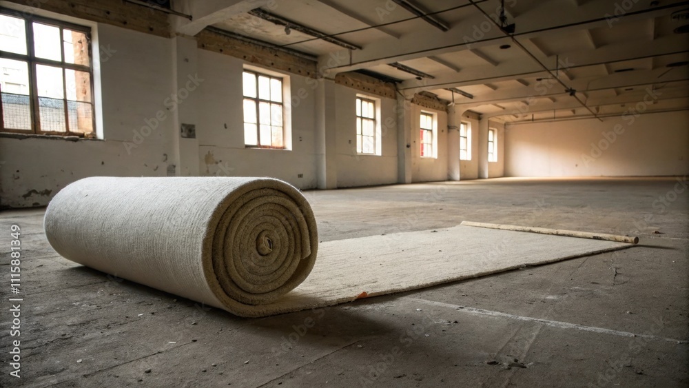 Poster An empty room showcasing a roll of carpet padding as the sole object its soft texture juxtaposed against a rough concrete floor creating a dynamic visual contrast.