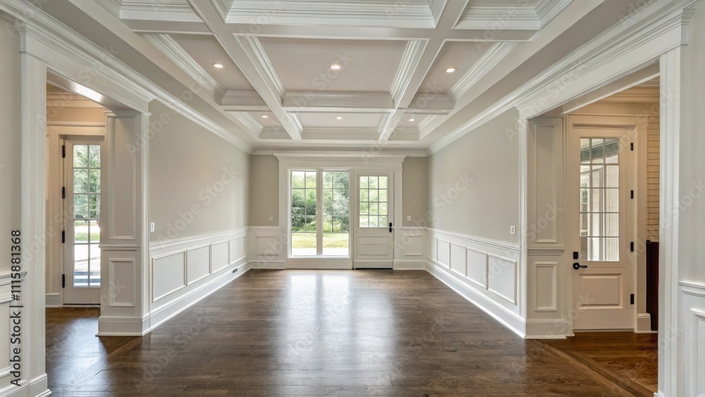 Poster An entryway showcasing large empty walls with clean molding at the base accompanied by a stark ceiling that accentuates the unpainted edges.
