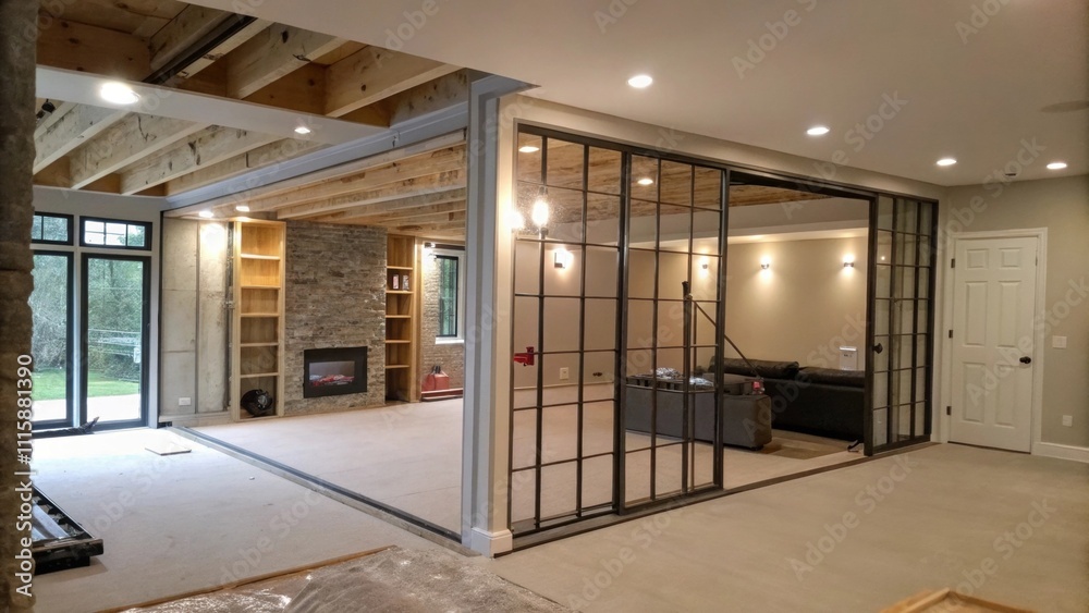 Poster an entryway featuring the skeletal frame of a glass wall divider with exposed drywall and blinking l