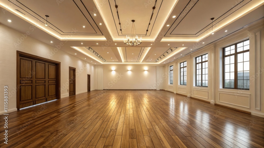 Poster An empty space with flawless wooden flooring catching the light of an overhead fixture the simplicity and elegance creating an inspiring blank canvas.
