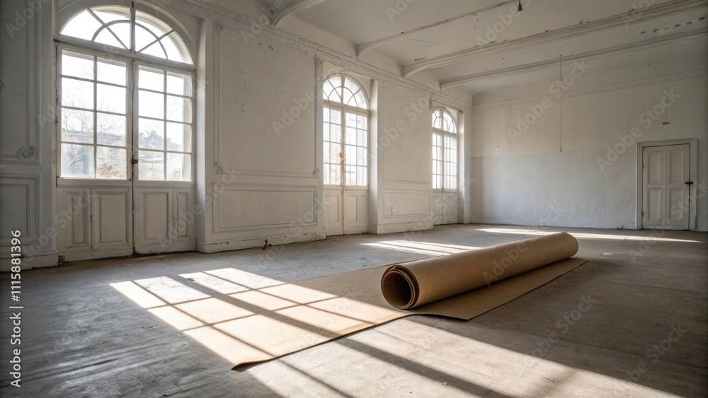 Poster an empty room with white walls and a single large roll of brown paper floor covering resting against