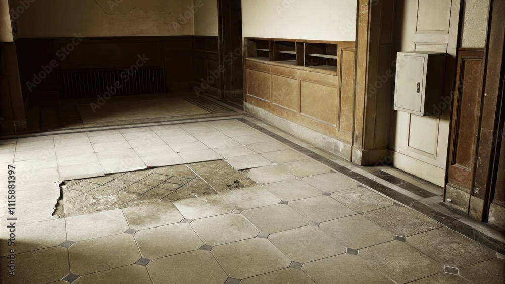 Poster an entrance hallway with a cracked tile floor a faded coat rack and an empty mailbox waiting for a n