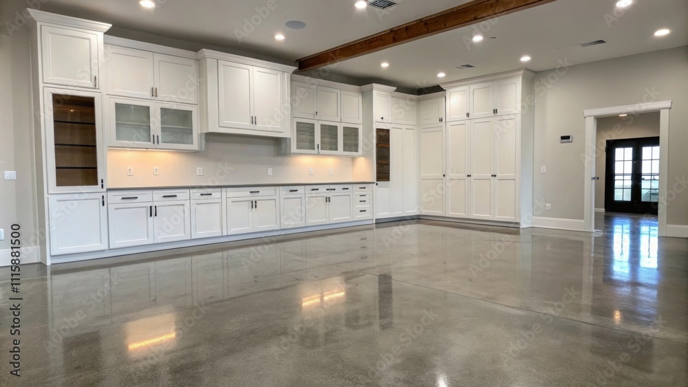 Poster an empty kitchen space with a polished concrete floor where crisp white cabinetry frames are mounted
