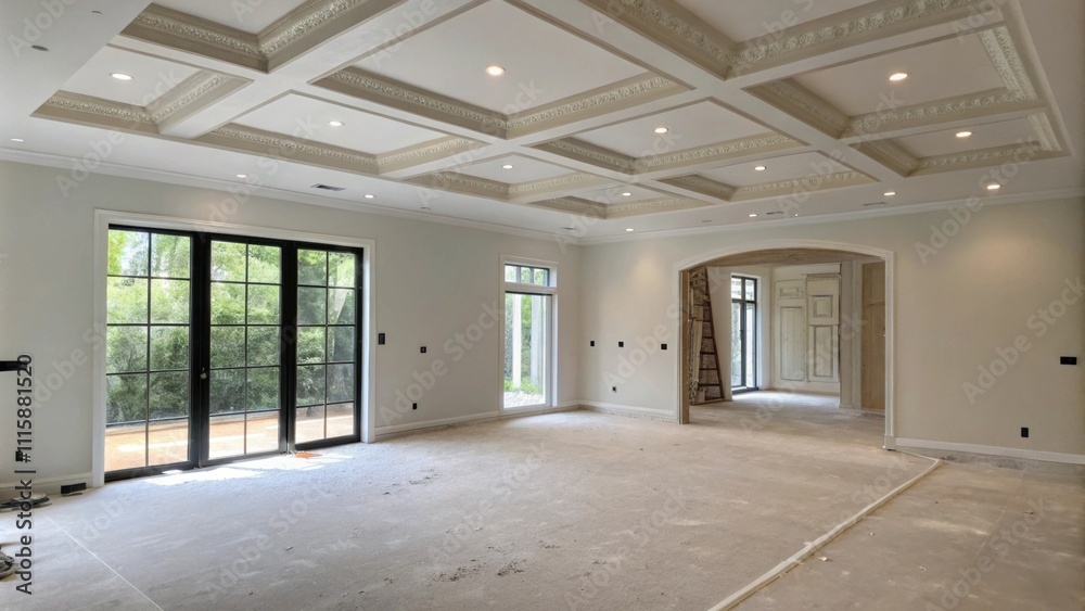 Aufkleber an empty living room with a stark white wall down to its surface showcasing the framework for recess