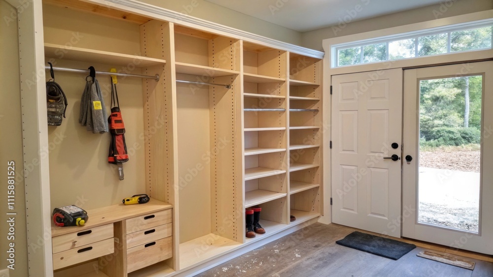 Poster An empty builtin closet interior with two rows of unfinished shelves one side lined with tools and work gloves hanging on a nearby hook.
