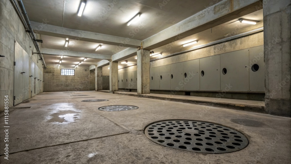 Poster An empty bathroom showcasing a rough raw concrete floor with drainage holes in a semicircle pattern illuminated by overhead lighting.