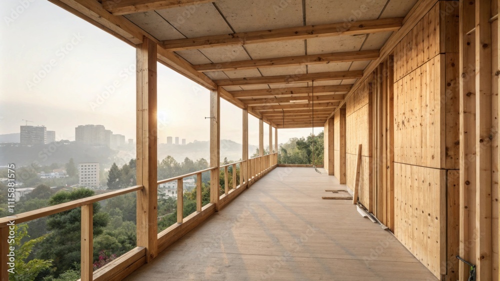 Poster an elevated balcony showcasing raw unpainted timber supports and partially installed panels shimmeri