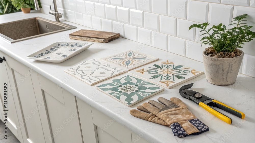 Poster An elegant white kitchen counter with minimal materials revealing a collection of unlaid artistic tiles alongside a pair of gloves and a handheld tile ter.