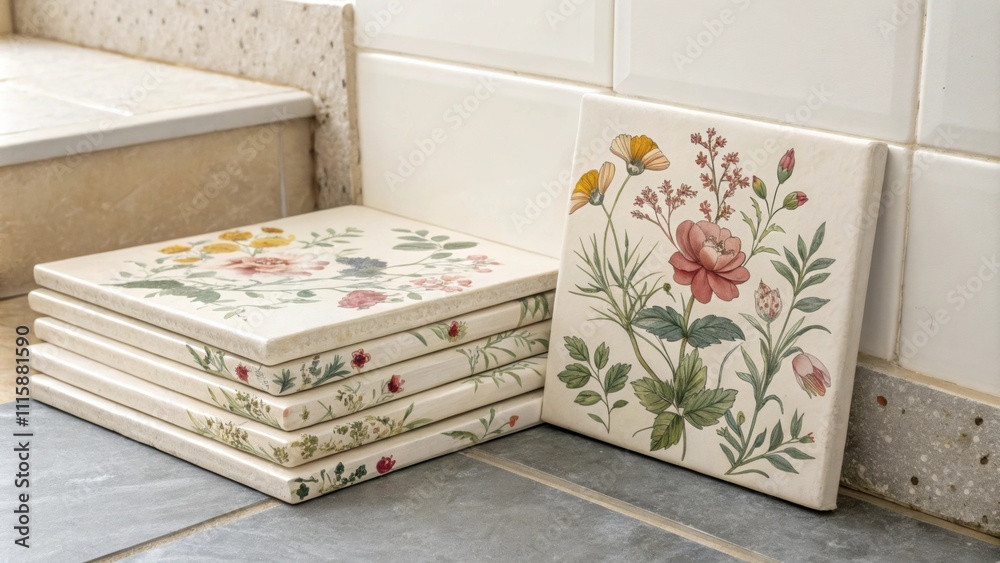 Aufkleber An elegant stack of floralpatterned tiles resting in a corner bringing a touch of nature indoors with their delicate designs.