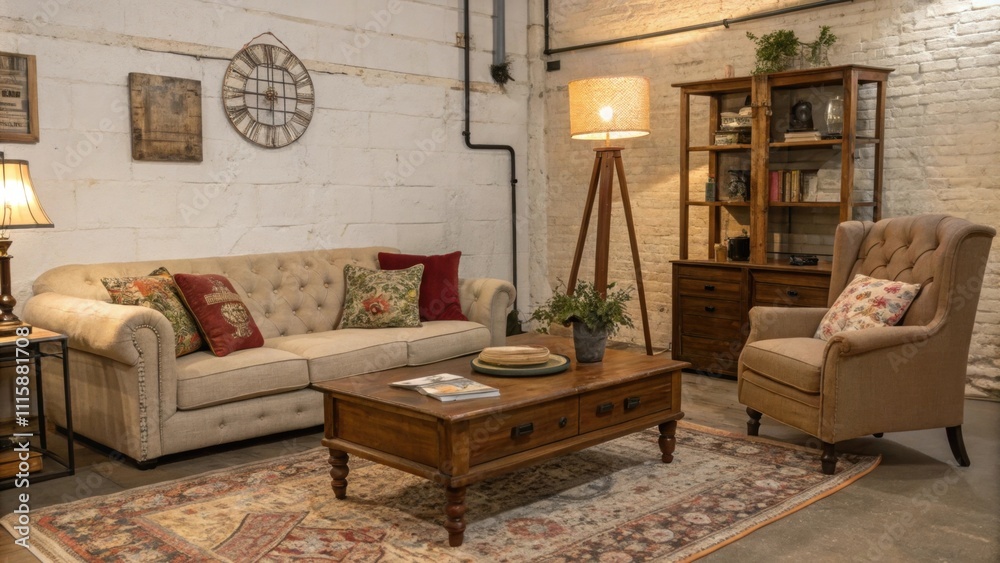 Poster An eclectic mix of furniture pieces surrounded by exposed brick walls adds a homey feel with a large floor lamp providing soft ambient lighting.