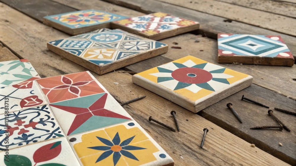 Poster an eclectic mix of tiles with geometric shapes and bright colors lying a wooden planks and nails ill