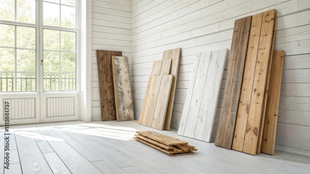 Aufkleber An eclectic grouping of lumber each plank artisanal and unique in character resting against a bright airy space with whitewashed walls.