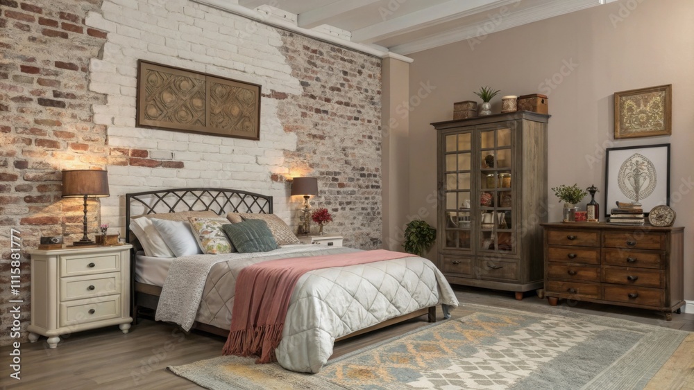 Poster An eclectic bedroom includes a feature wall crafted from a mix of old and new bricks harmonizing beautifully with soft bedding and vintageinspired decor.