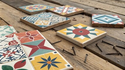 An eclectic mix of tiles with geometric shapes and bright colors lying a wooden planks and nails illustrating the remnants of a oncecohesive decor.