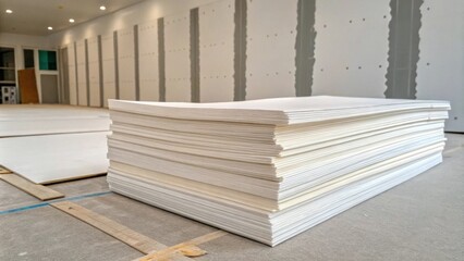 A neatly organized pile of underlayment sheets with a few sheets slightly askew showcasing the layered edges and clean lines against a backdrop of unfinished drywall.