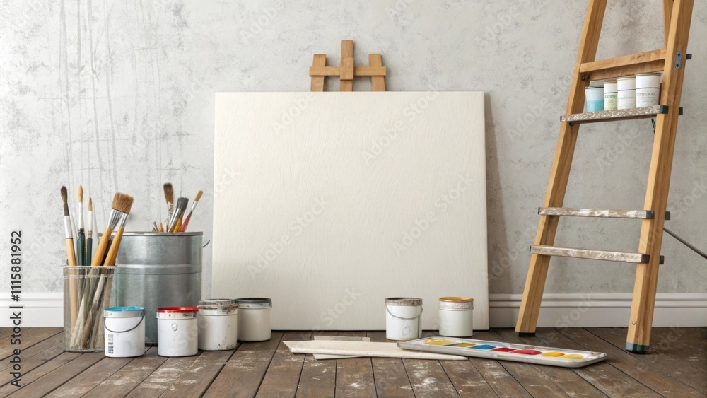 Poster An artists perspective showing a primed wall with a large canvas nearby surrounded by brushes and paint suggesting an artistic touch to the renovation.